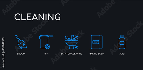 5 outline stroke blue acid, baking soda, bathtub cleaning, bin, broom icons from cleaning collection on black background. line editable linear thin icons.