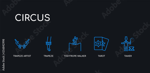 5 outline stroke blue tamer, tarot, tightrope walker, trapeze, trapeze artist icons from circus collection on black background. line editable linear thin icons.