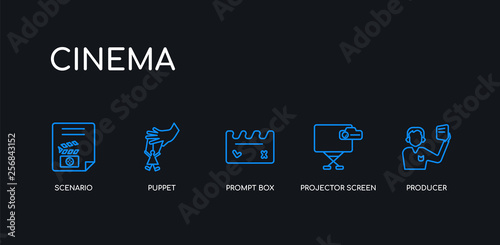 5 outline stroke blue producer, projector screen, prompt box, puppet, scenario icons from cinema collection on black background. line editable linear thin icons.