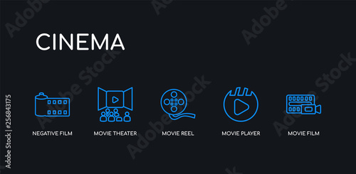 5 outline stroke blue movie film  movie player  movie reel  theater  negative film icons from cinema collection on black background. line editable linear thin icons.