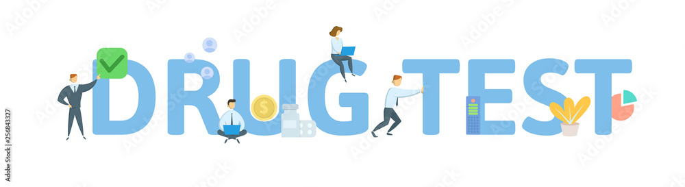 DRUG TEST. Concept with people, letters and icons. Colored flat vector illustration. Isolated on white background. DRUG TEST. Concept with people, letters and icons. Colored flat vector illustration. Isolated on white background.