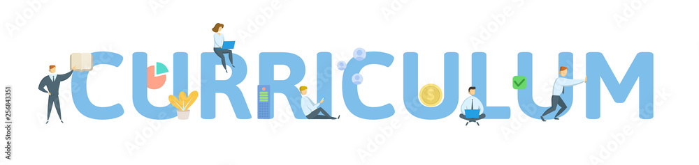 CURRICULUM. Concept with people, letters and icons. Colored flat vector illustration. Isolated on white background. CURRICULUM. Concept with people, letters and icons. Colored flat vector illustration. Isolated on white background.