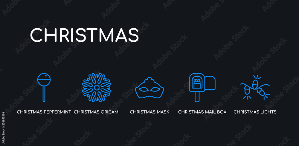 Fototapeta premium 5 outline stroke blue christmas lights, christmas mail box, christmas mask, origami, peppermint icons from collection on black background. line editable linear thin icons.