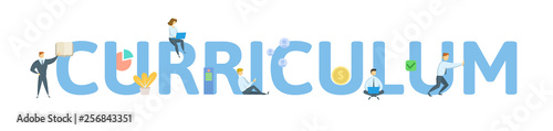 CURRICULUM. Concept with people, letters and icons. Colored flat vector illustration. Isolated on white background.