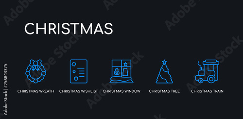 5 outline stroke blue christmas train, christmas tree, christmas window, wishlist, wreath icons from collection on black background. line editable linear thin icons.