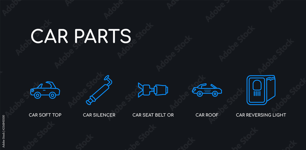 Fototapeta premium 5 outline stroke blue car reversing light, car roof, car seat belt or safety belt, silencer, soft top icons from parts collection on black background. line editable linear thin icons.