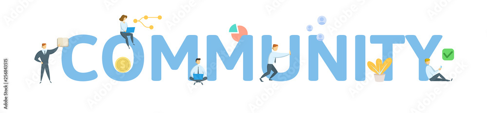COMMUNITY. Concept with people, letters and icons. Colored flat vector illustration. Isolated on white background. COMMUNITY. Concept with people, letters and icons. Colored flat vector illustration. Isolated on white background.