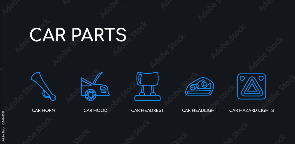 5 outline stroke blue car hazard lights, car headlight, car headrest, hood, horn icons from parts collection on black background. line editable linear thin icons. 5 outline stroke blue car hazard lights, car headlight, car headrest, hood, horn icons from parts collection on black background. line editable linear thin icons.