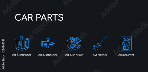 5 outline stroke blue car demister, car dipstick, car disc brake, distributor, distributor cap icons from parts collection on black background. line editable linear thin icons.