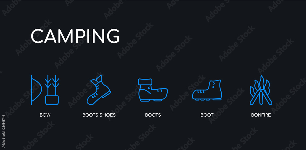 5 outline stroke blue bonfire, boot, boots, boots shoes, bow icons from camping collection on black background. line editable linear thin icons.