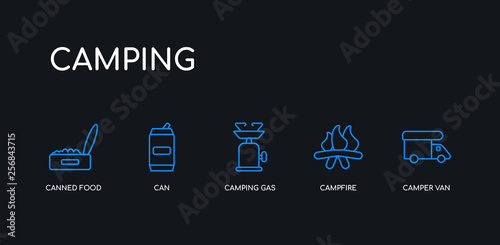 5 outline stroke blue camper van, campfire, camping gas, can, canned food icons from camping collection on black background. line editable linear thin icons.