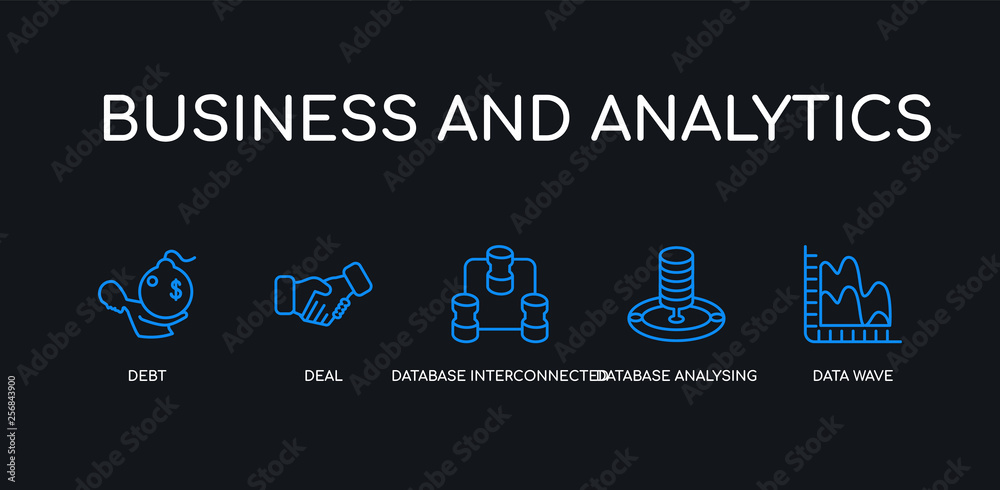 5 outline stroke blue data wave, database analysing, database interconnected, deal, debt icons from business and analytics collection on black background. line editable linear thin icons.