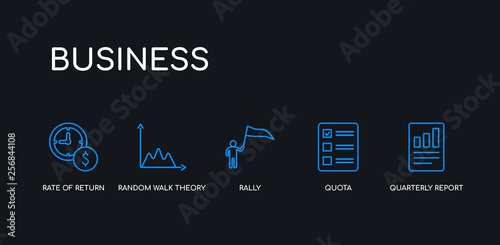 5 outline stroke blue quarterly report, quota, rally, random walk theory, rate of return icons from business collection on black background. line editable linear thin icons.
