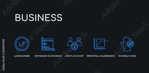 5 outline stroke blue invisible hand, irrational exuberance, joint account, keynesian economics, laissez-faire icons from business collection on black background. line editable linear thin icons.