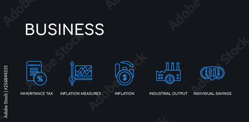 5 outline stroke blue individual savings account (isa), industrial output, inflation, inflation measures, inheritance tax icons from business collection on black background. line editable linear