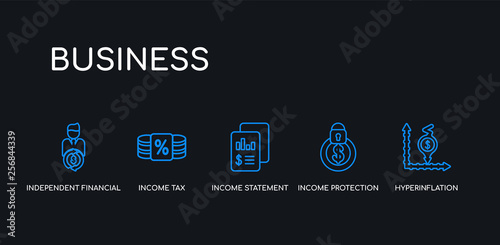 5 outline stroke blue hyperinflation, income protection insurance, income statement, income tax, independent financial adviser (ifa) icons from business collection on black background. line editable
