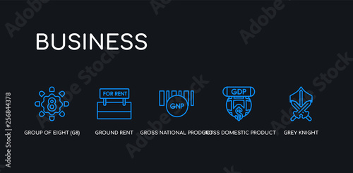 5 outline stroke blue grey knight, gross domestic product (gdp), gross national product (gnp), ground rent, group of eight (g8) icons from business collection on black background. line editable