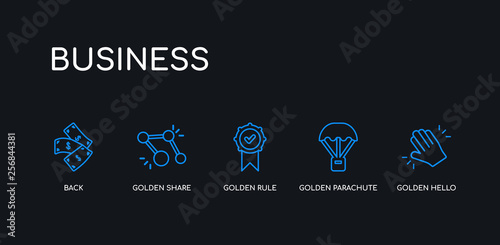 5 outline stroke blue golden hello, golden parachute, golden rule, share, back icons from business collection on black background. line editable linear thin icons.