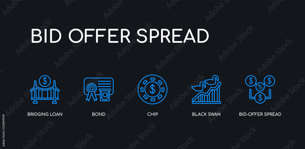 5 outline stroke blue bid-offer spread, black swan, chip, bond, bridging loan icons from bid offer spread collection on black background. line editable linear thin icons. 5 outline stroke blue bid-offer spread, black swan, chip, bond, bridging loan icons from bid offer spread collection on black background. line editable linear thin icons.
