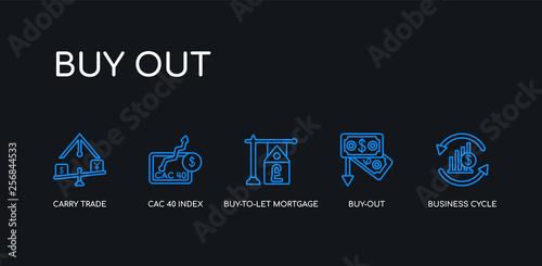 5 outline stroke blue business cycle, buy-out, buy-to-let mortgage, cac 40 index, carry trade icons from buy out collection on black background. line editable linear thin icons.