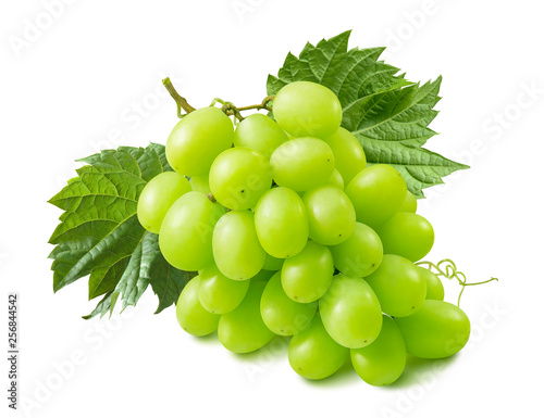 Green grapes with leaves isolated on white background