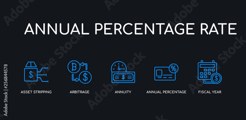 5 outline stroke blue fiscal year, annual percentage rate (apr), annuity, arbitrage, asset stripping icons from annual percentage rate collection on black background. line editable linear thin