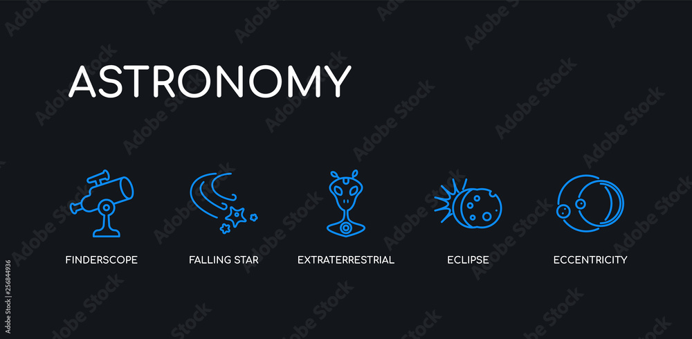 Naklejka premium 5 outline stroke blue eccentricity, eclipse, extraterrestrial, falling star, finderscope icons from astronomy collection on black background. line editable linear thin icons.