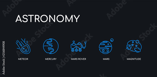 5 outline stroke blue magnitude, mars, mars rover, mercury, meteor icons from astronomy collection on black background. line editable linear thin icons.