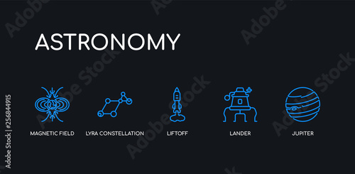 5 outline stroke blue jupiter, lander, liftoff, lyra constellation, magnetic field icons from astronomy collection on black background. line editable linear thin icons.