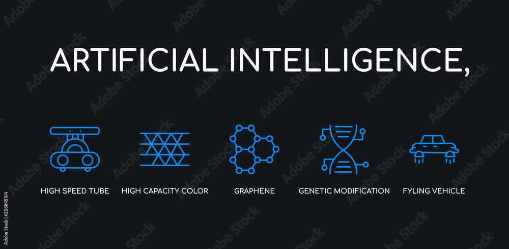 5 outline stroke blue fyling vehicle, genetic modification, graphene, high capacity color barcode, high speed tube icons from artificial intelligence, collection on black background. line editable 5 outline stroke blue fyling vehicle, genetic modification, graphene, high capacity color barcode, high speed tube icons from artificial intelligence, collection on black background. line editable