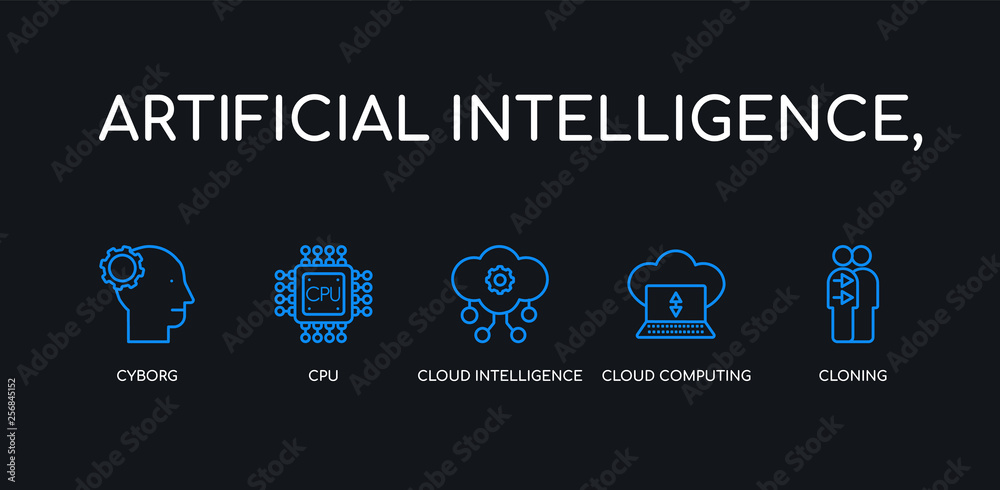 5 outline stroke blue cloning, cloud computing, cloud intelligence, cpu, cyborg icons from artificial intelligence, collection on black background. line editable linear thin icons.