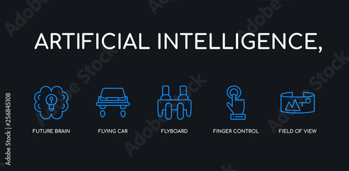 5 outline stroke blue field of view, finger control, flyboard, flying car, future brain icons from artificial intelligence, collection on black background. line editable linear thin icons.