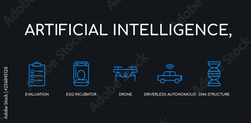5 outline stroke blue dna structure, driverless autonomous car, drone, egg incubator, evaluation icons from artificial intelligence, collection on black background. line editable linear thin icons.
