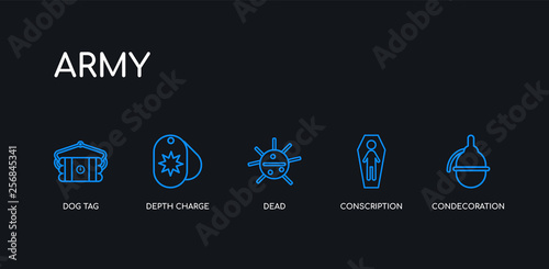 5 outline stroke blue condecoration, conscription, dead, depth charge, dog tag icons from army collection on black background. line editable linear thin icons.