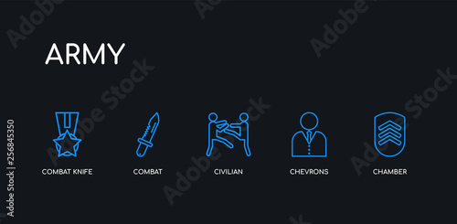 5 outline stroke blue chamber, chevrons, civilian, combat, combat knife icons from army collection on black background. line editable linear thin icons.