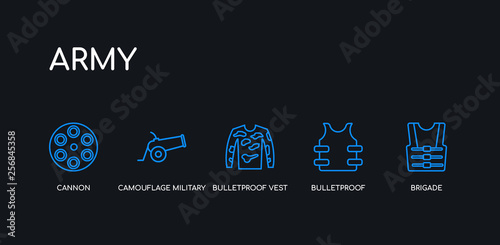 5 outline stroke blue brigade, bulletproof, bulletproof vest, camouflage military clothing, cannon icons from army collection on black background. line editable linear thin icons.