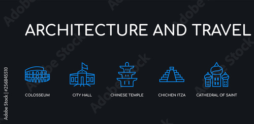 5 outline stroke blue cathedral of saint basil, chichen itza, chinese temple, city hall, colosseum icons from architecture and travel collection on black background. line editable linear thin icons.