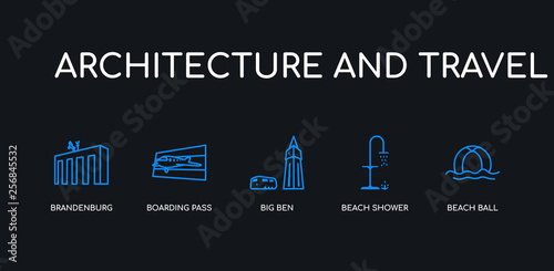 5 outline stroke blue beach ball, beach shower, big ben, boarding pass, brandenburg icons from architecture and travel collection on black background. line editable linear thin icons.