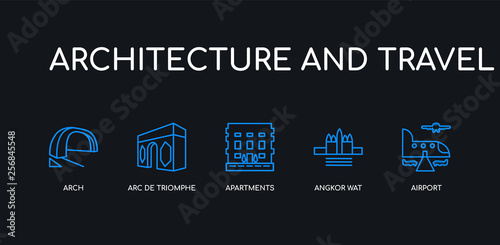 5 outline stroke blue airport, angkor wat, apartments, arc de triomphe, arch icons from architecture and travel collection on black background. line editable linear thin icons.