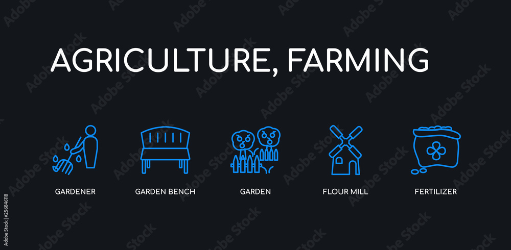 5 outline stroke blue fertilizer, flour mill, garden, garden bench, gardener icons from agriculture, farming collection on black background. line editable linear thin icons. 5 outline stroke blue fertilizer, flour mill, garden, garden bench, gardener icons from agriculture, farming collection on black background. line editable linear thin icons.