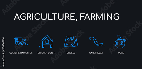 5 outline stroke blue worm, caterpillar, cheese, chicken coop, combine harvester icons from agriculture, farming collection on black background. line editable linear thin icons.
