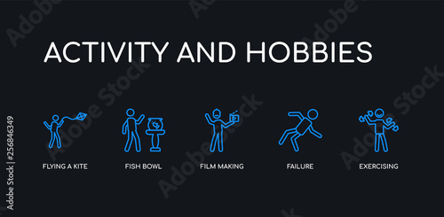 5 outline stroke blue exercising, failure, film making, fish bowl, flying a kite icons from activity and hobbies collection on black background. line editable linear thin icons.