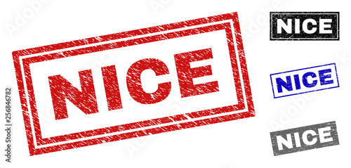 Grunge NICE rectangle stamp seals isolated on a white background. Rectangular seals with grunge texture in red, blue, black and grey colors. Vector rubber imprint of NICE tag inside rectangle borders.