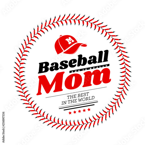 Baseball mom emblem with baseball lacing and a hat on white background.