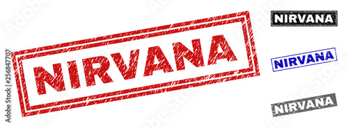 Grunge NIRVANA rectangle stamp seals isolated on a white background. Rectangular seals with grunge texture in red, blue, black and grey colors.