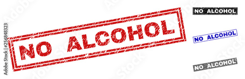 Grunge NO ALCOHOL rectangle stamp seals isolated on a white background. Rectangular seals with grunge texture in red, blue, black and gray colors.