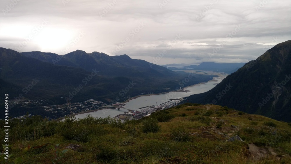 View of the Inside Passage in Alaska from atop a mountain on the edge of Juneau