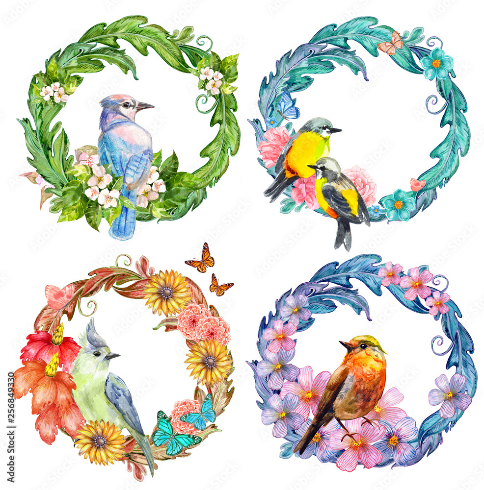 romantic colorful collection of floral wreaths with pretty birds. watercolor painting