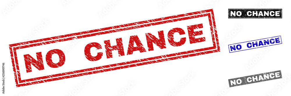 Grunge NO CHANCE rectangle stamp seals isolated on a white background. Rectangular seals with distress texture in red, blue, black and gray colors. Grunge NO CHANCE rectangle stamp seals isolated on a white background. Rectangular seals with distress texture in red, blue, black and gray colors.