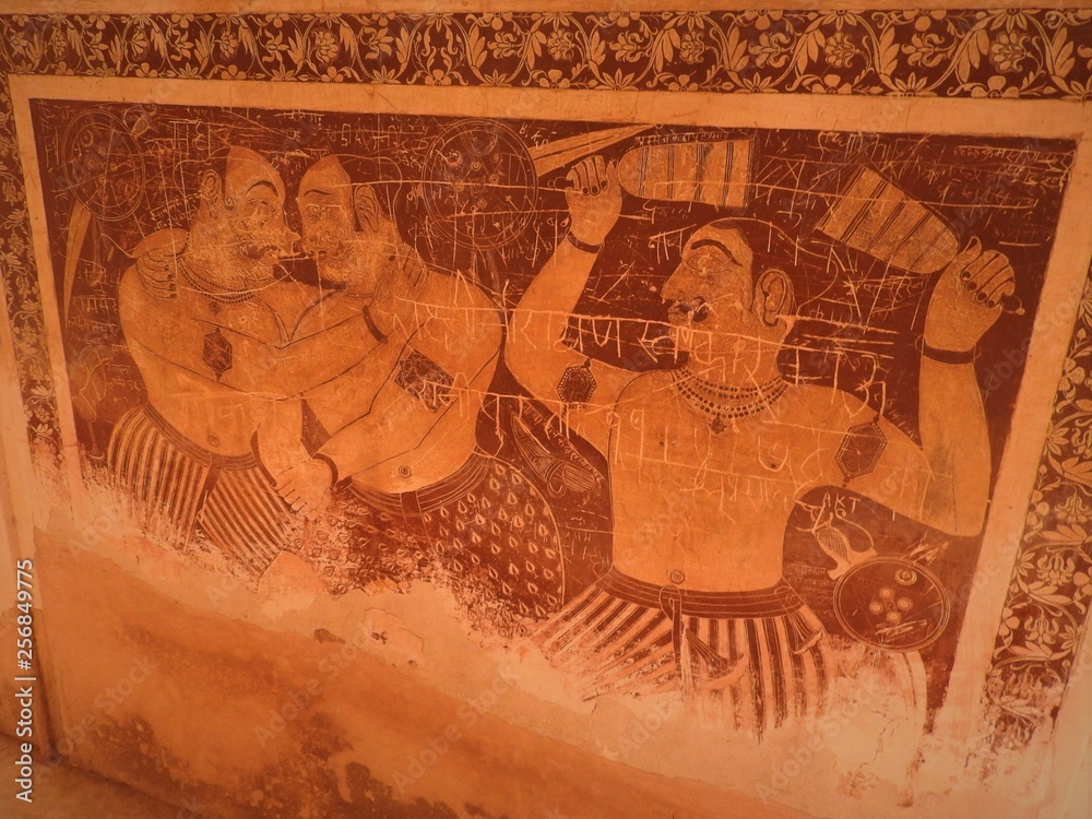Naklejka premium Ancient paintings inside Lakshmi Narayan temple, Orchha, Madhya Pradesh, India.